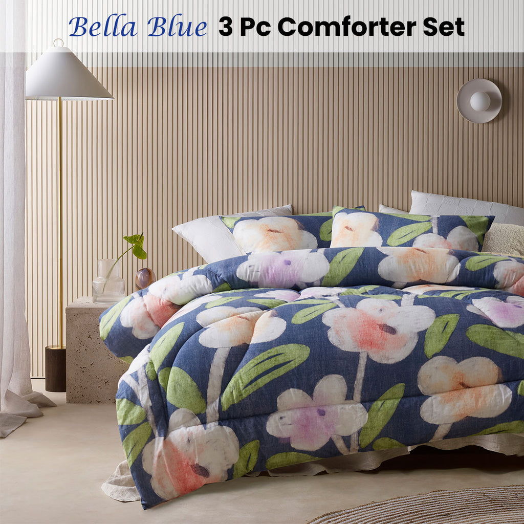 Accessorize Bella Blue Cotton Floral Comforter Set – King, 3 Piece