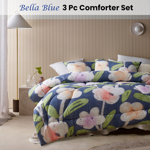 Accessorize Bella Blue Cotton Floral Comforter Set – King, 3 Piece