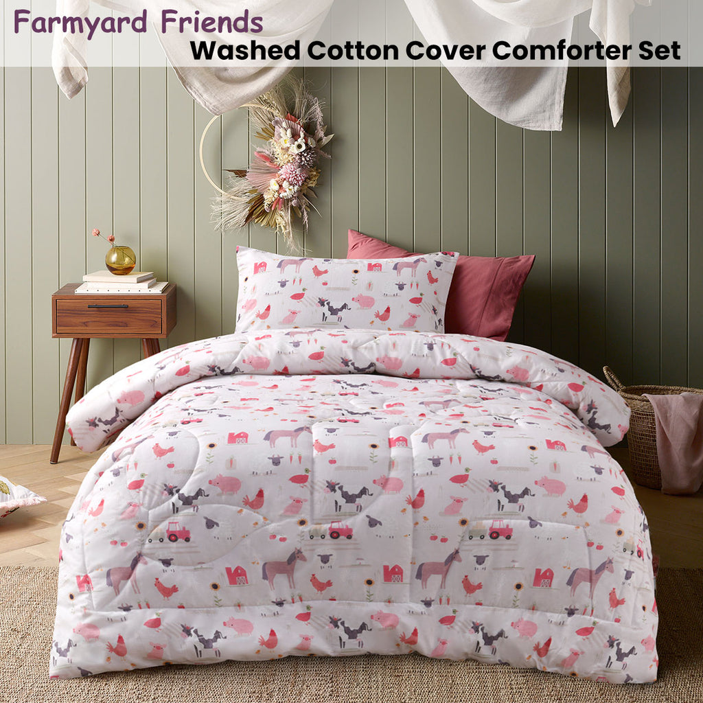 Happy Kids Farmyard Friends Washed Cotton Cover Comforter Set – Single, 2-Piece