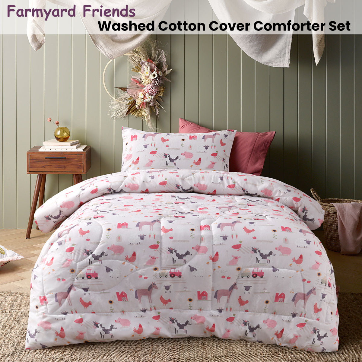 Happy Kids Farmyard Friends Washed Cotton Cover Comforter Set – Single, 2-Piece