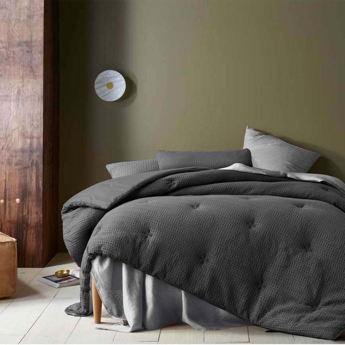 Accessorize Soho Waffle Polyester Comforter Set – Dark Grey, Queen