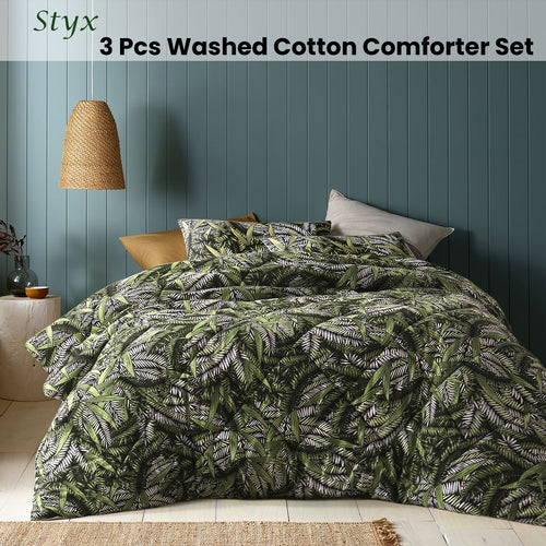 Accessorize Styx Washed Cotton Foliage Comforter Set – Green, Queen