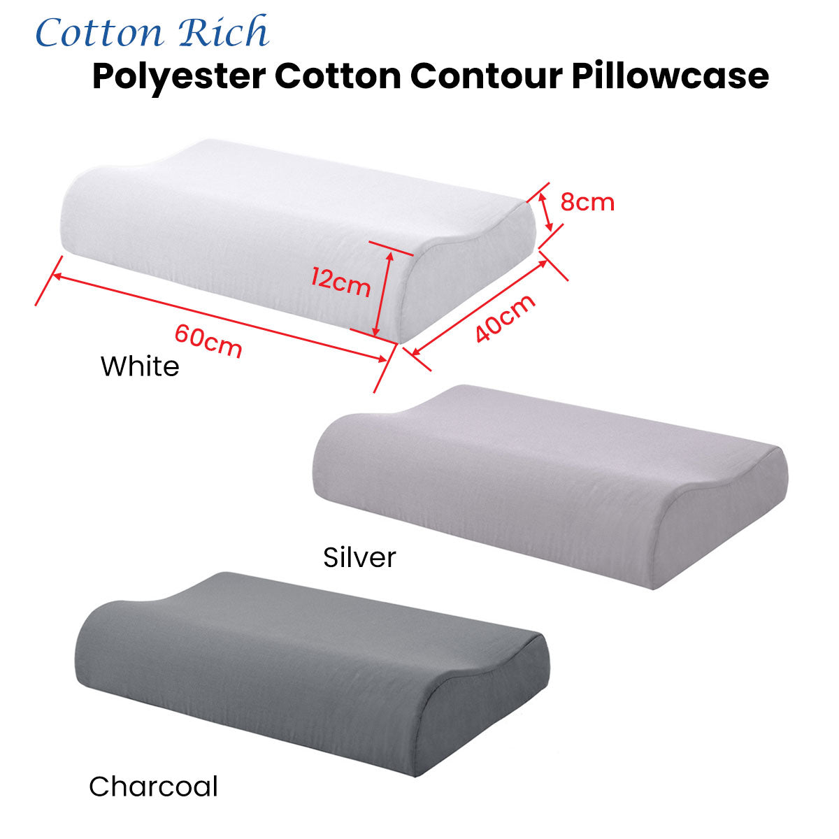 Accessorize Cotton-Rich Contour Pillowcase – Silver, 40 × 60 × 12 cm