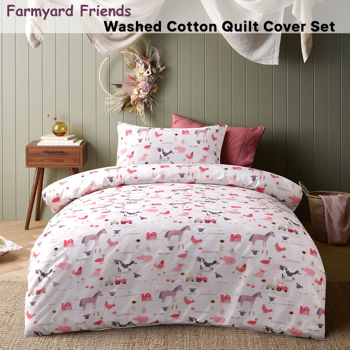 Happy Kids Farmyard Friends Cotton Quilt Cover Set – Double