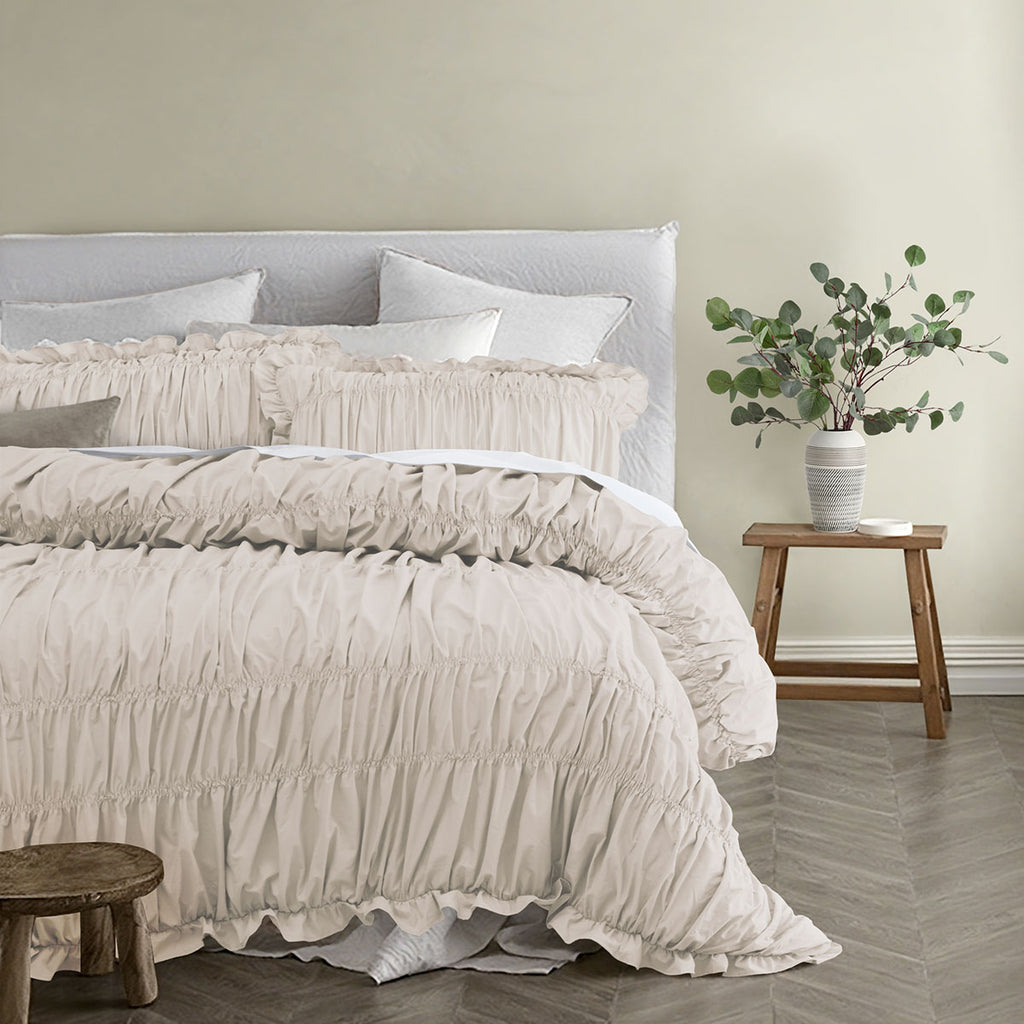 Vintage Design Homewares Haven Natural Washed Cotton Ruched Quilt Cover Set Queen