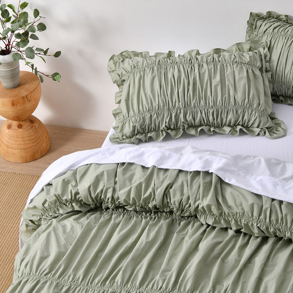 Vintage Design Homewares Haven Sage Washed Cotton Ruched Quilt Cover Set Queen