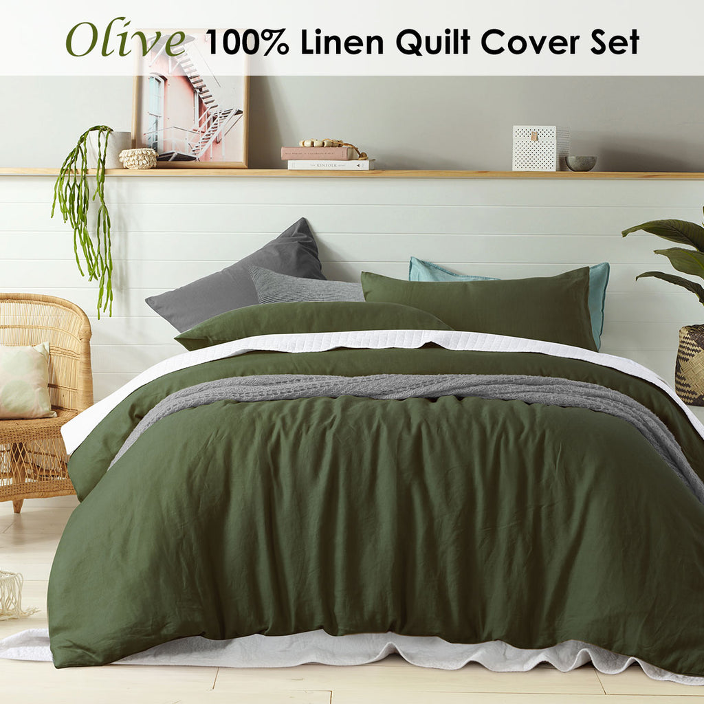 Olive 100% Linen Quilt Cover Set – Super King