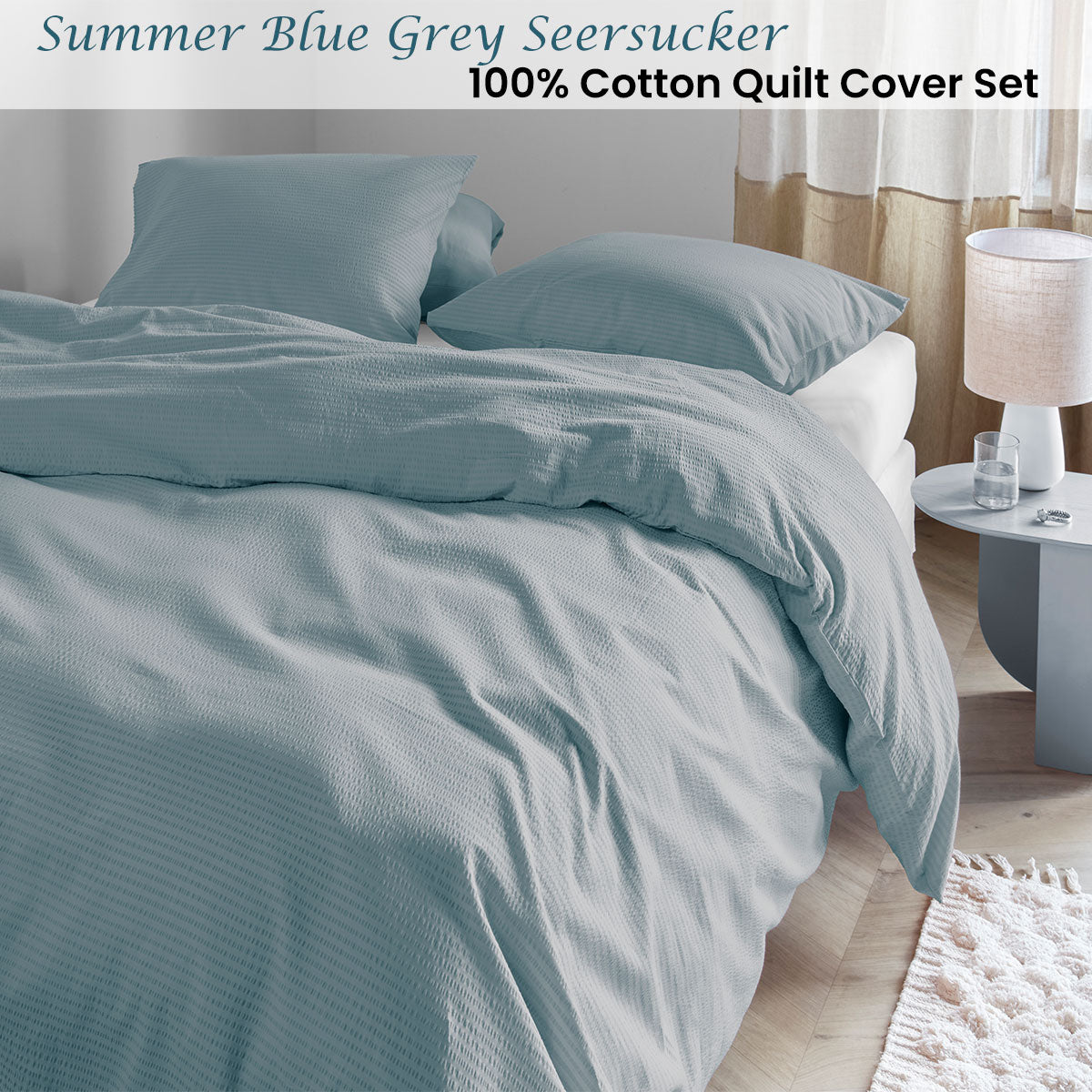 Bedding House Summer Seersucker Queen Quilt Cover Set – Blue-grey