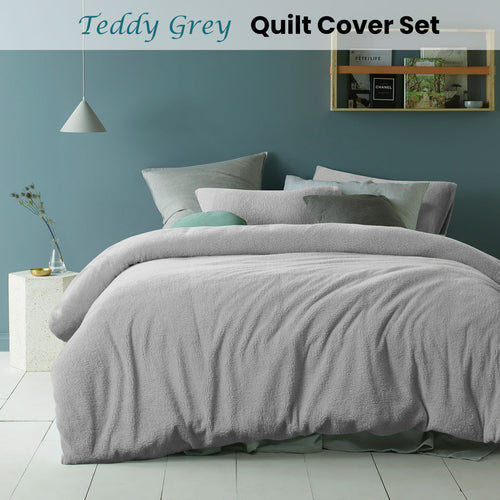 Accessorize Teddy Plush Polyester Quilt Cover Set – Grey, Double