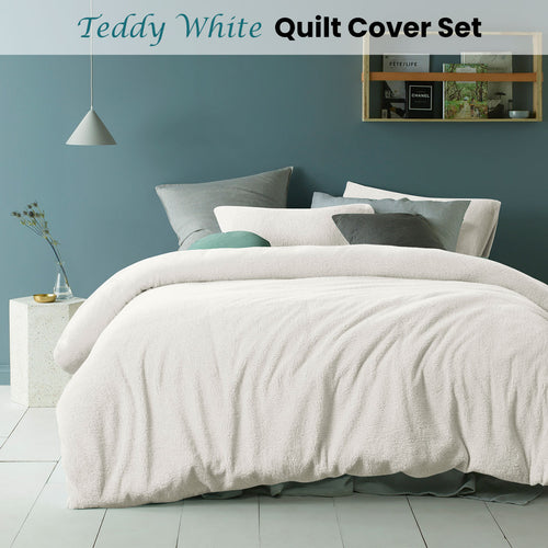 Accessorize Teddy Plush Polyester Quilt Cover Set – White, Double