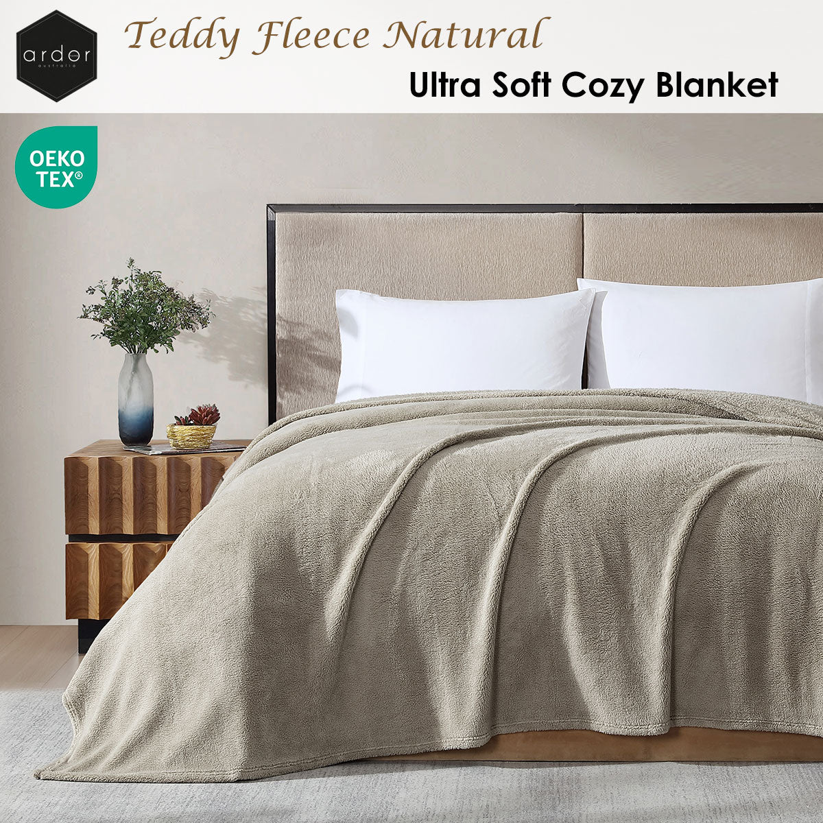 Ardor Teddy Polyester Fleece Blanket – Natural, 240 × 245 cm