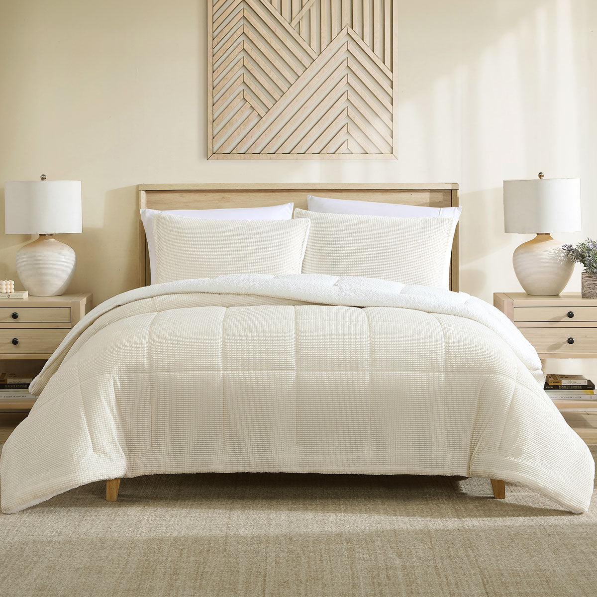 Ardor Avalon Velvet-Front Comforter Set with Sherpa Reverse – Cream, Queen/King
