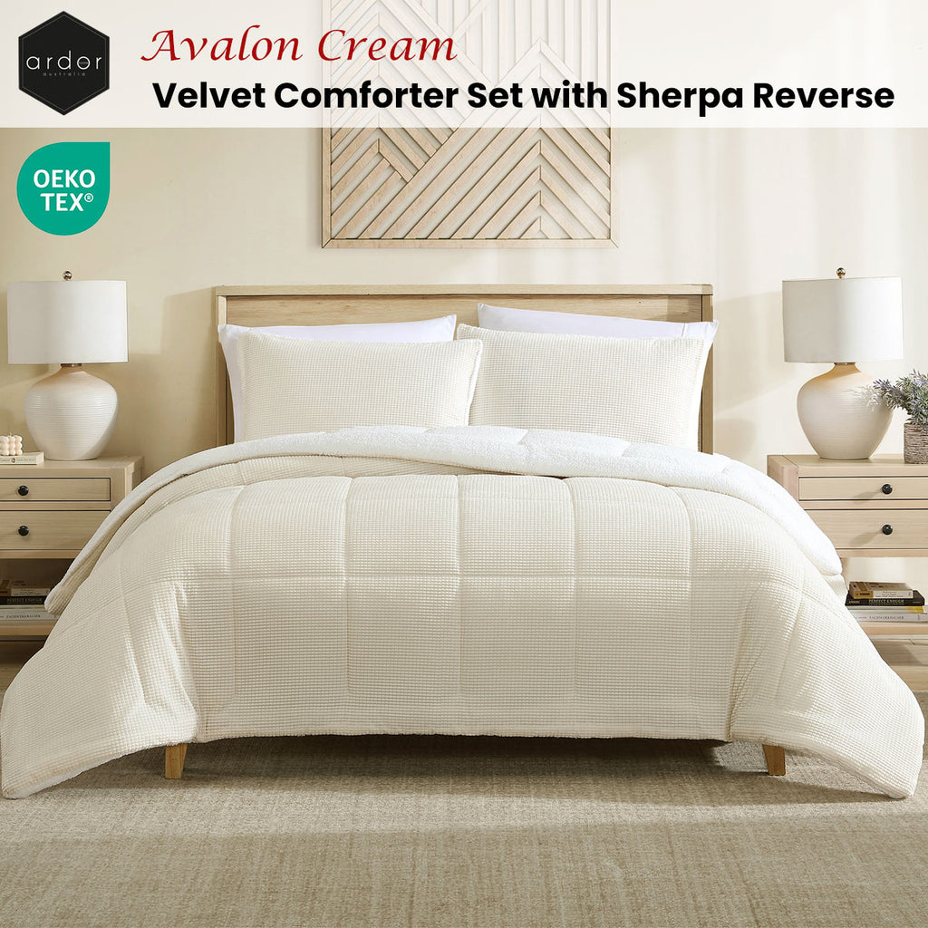 Ardor Avalon Velvet-Front Comforter Set with Sherpa Reverse – Cream, Queen/King
