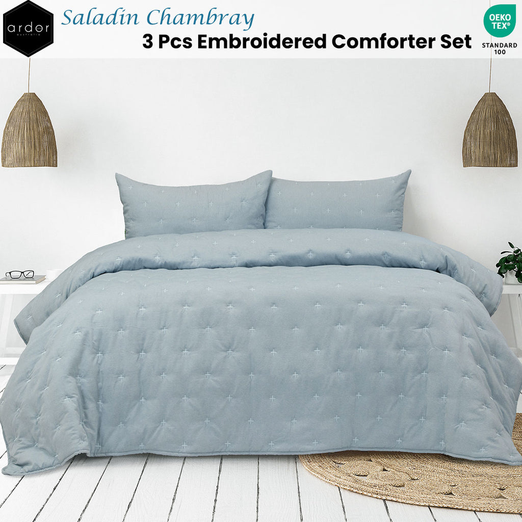 Ardor Saladin Embroidered Microfibre Comforter Set – Chambray, Queen/King