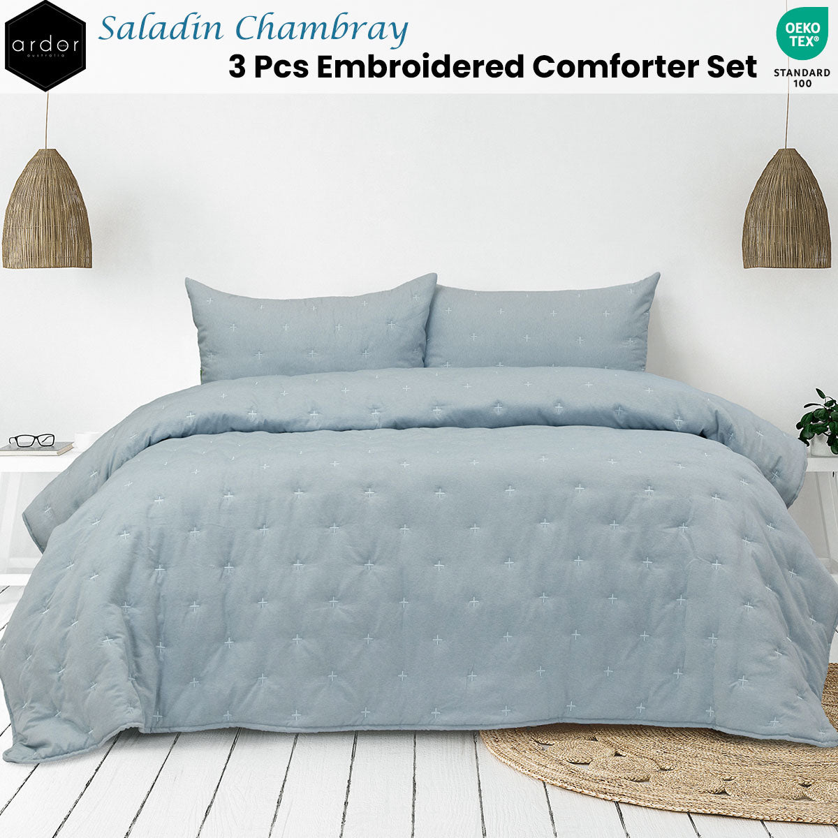 Ardor Saladin Embroidered Microfibre Comforter Set – Chambray, Queen/King