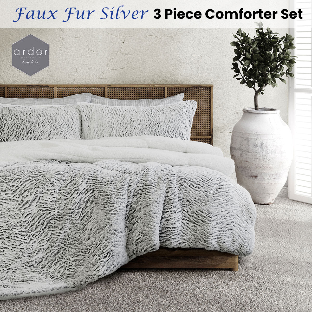 Ardor Silver Faux-Fur Comforter Set with Sherpa Reverse – Single/Double