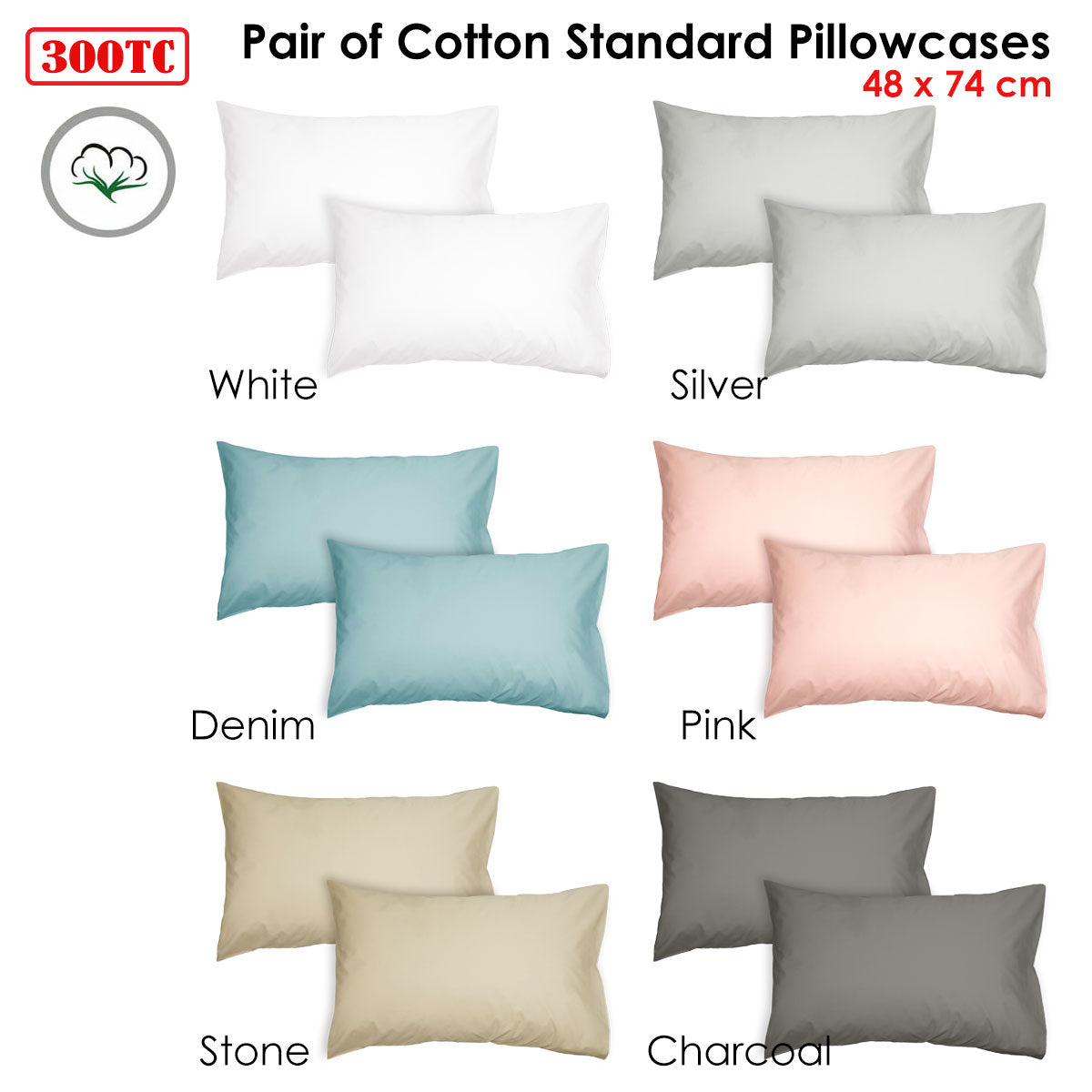 Algodon 300TC Cotton Standard Pillowcases, 2 Pack – Stone