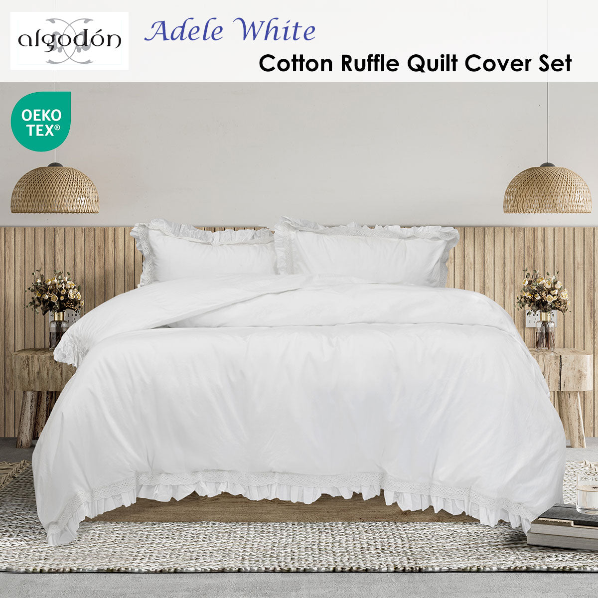Algodon Adele Cotton Ruffle Quilt Cover Set – White, King
