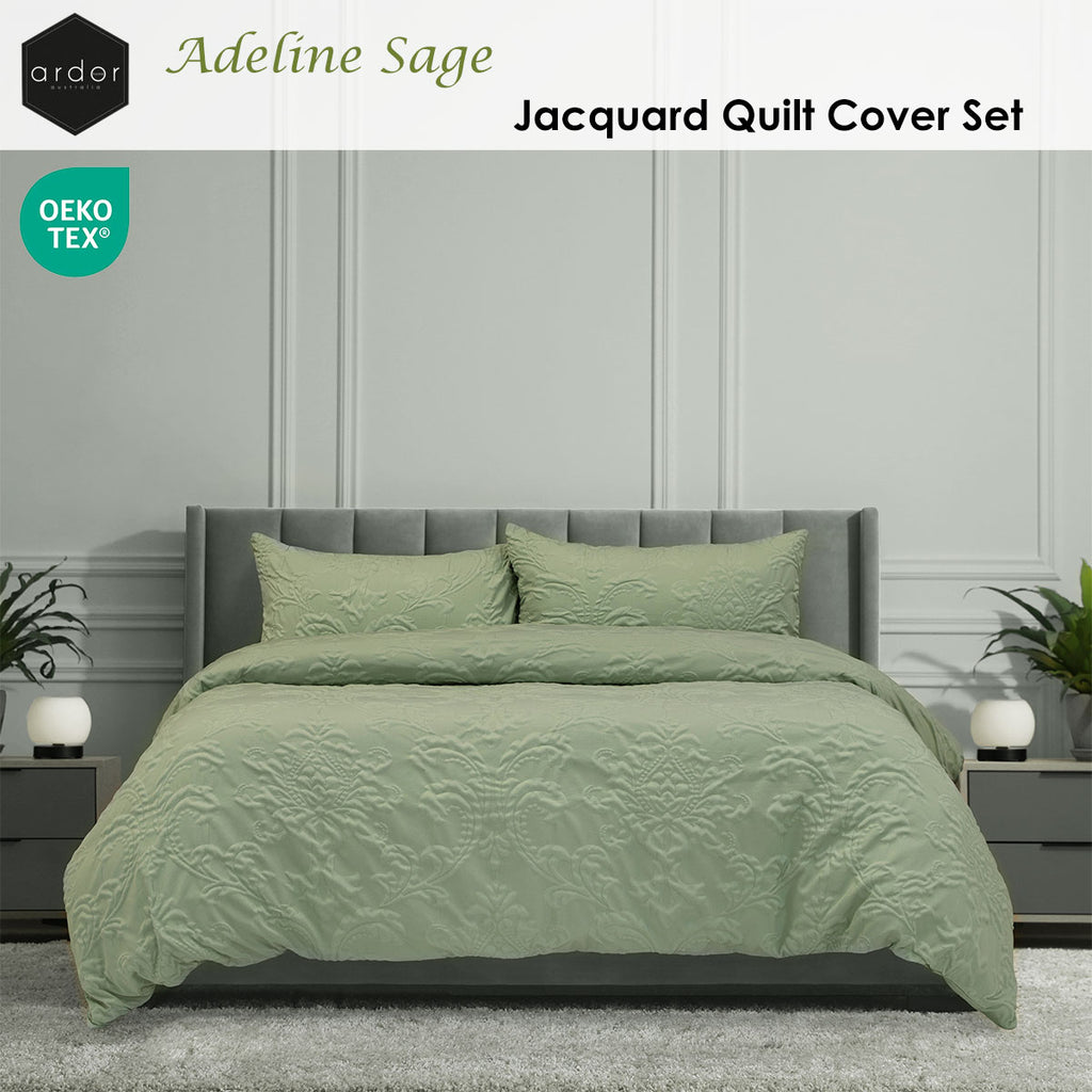 Ardor Adeline Jacquard Damask Quilt Cover Set – Sage, King