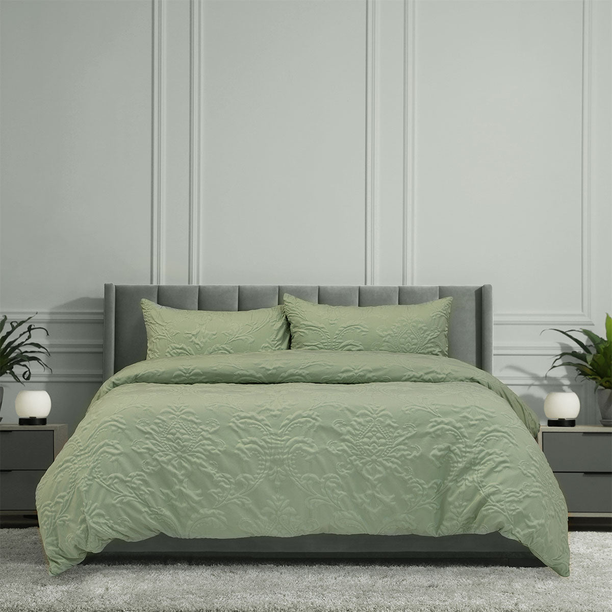 Ardor Adeline Jacquard Damask Quilt Cover Set – Sage, Queen