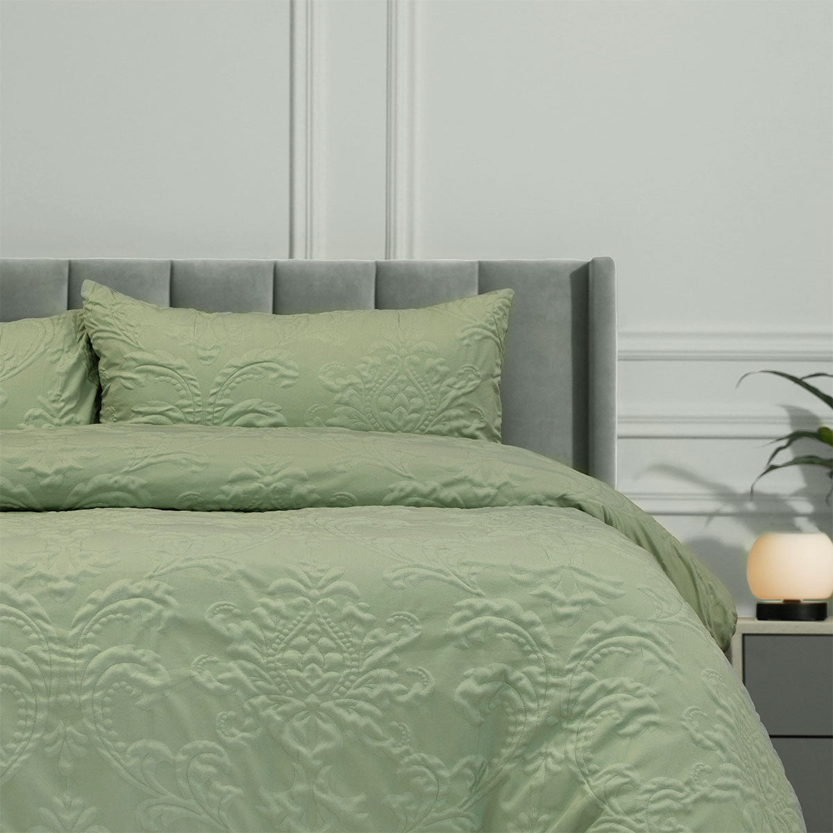 Ardor Adeline Jacquard Damask Quilt Cover Set – Sage, Queen