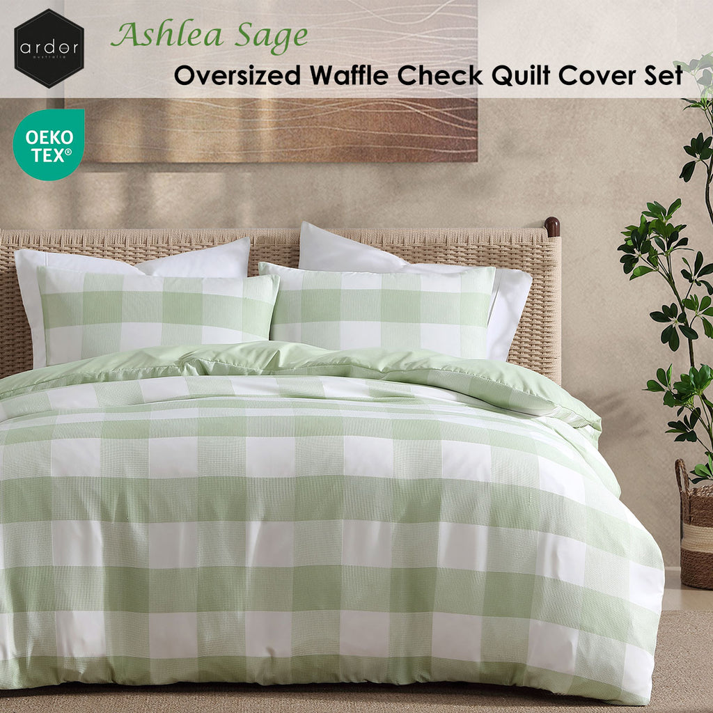 Ardor Ashlea Oversized Waffle-Check Quilt Cover Set – Sage and White, King