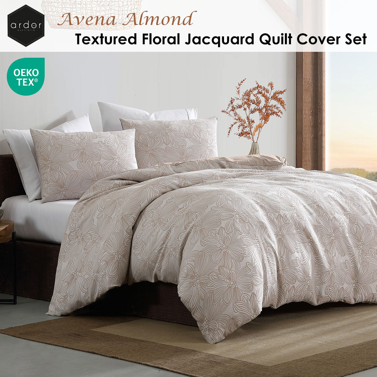 Ardor Avena Floral Jacquard Quilt Cover Set – Almond and White, Queen