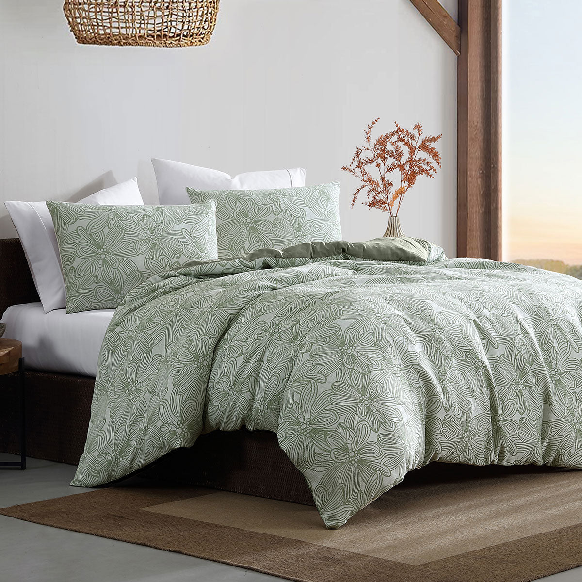 Ardor Avena Floral Jacquard Quilt Cover Set – Green and White, King