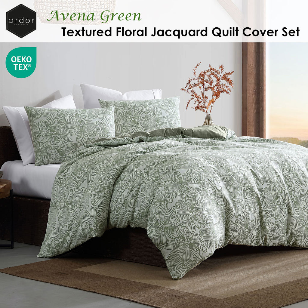 Ardor Avena Floral Jacquard Quilt Cover Set – Green and White, Queen
