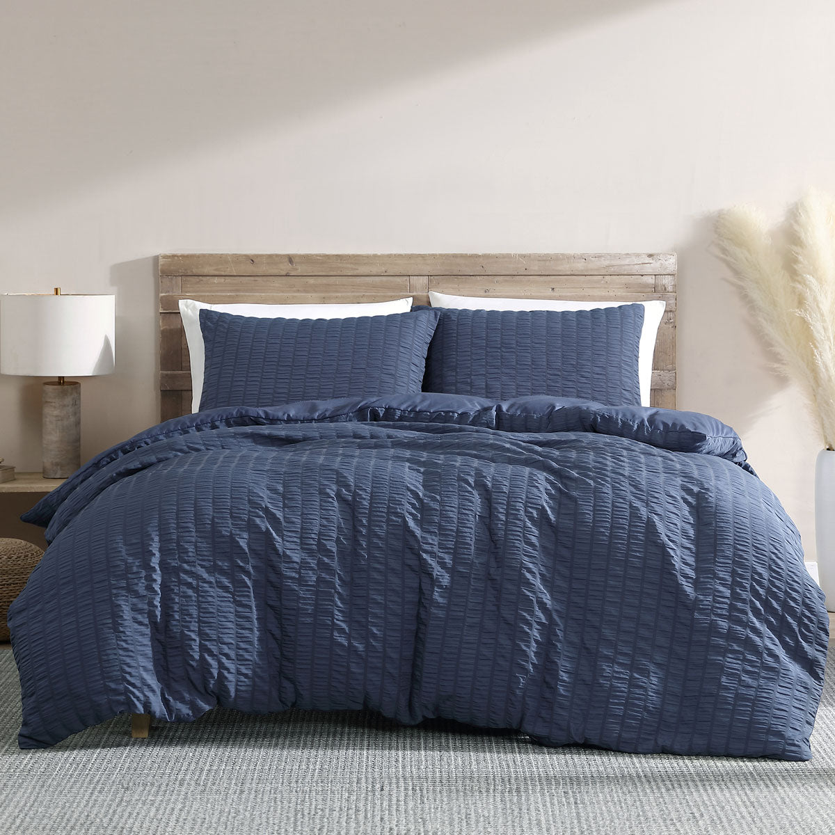 Ardor Byron Seersucker-Textured Quilt Cover Set – Navy, Queen