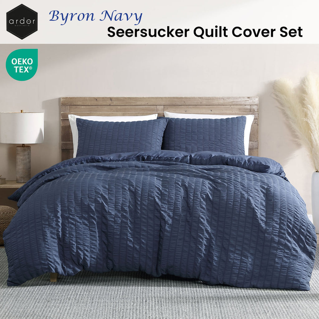 Ardor Byron Seersucker-Textured Quilt Cover Set – Navy, Queen