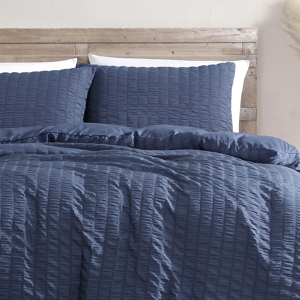 Ardor Byron Seersucker-Textured Quilt Cover Set – Navy, Queen