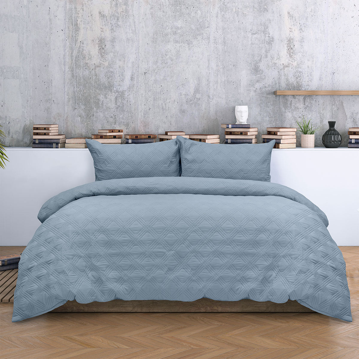 Ardor Carter Embossed Geometric Lightly Padded Quilt Cover Set – Mineral Blue, King