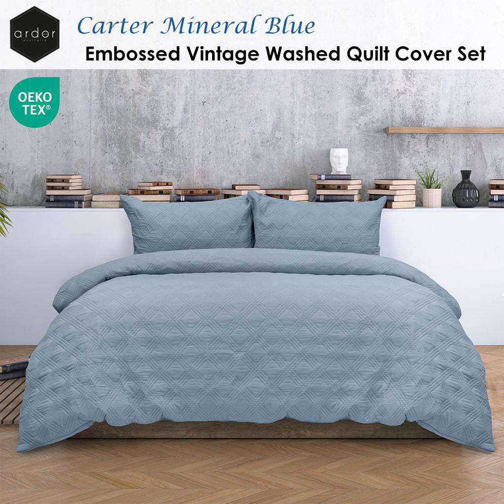 Ardor Carter Embossed Geometric Lightly Padded Quilt Cover Set – Mineral Blue, King