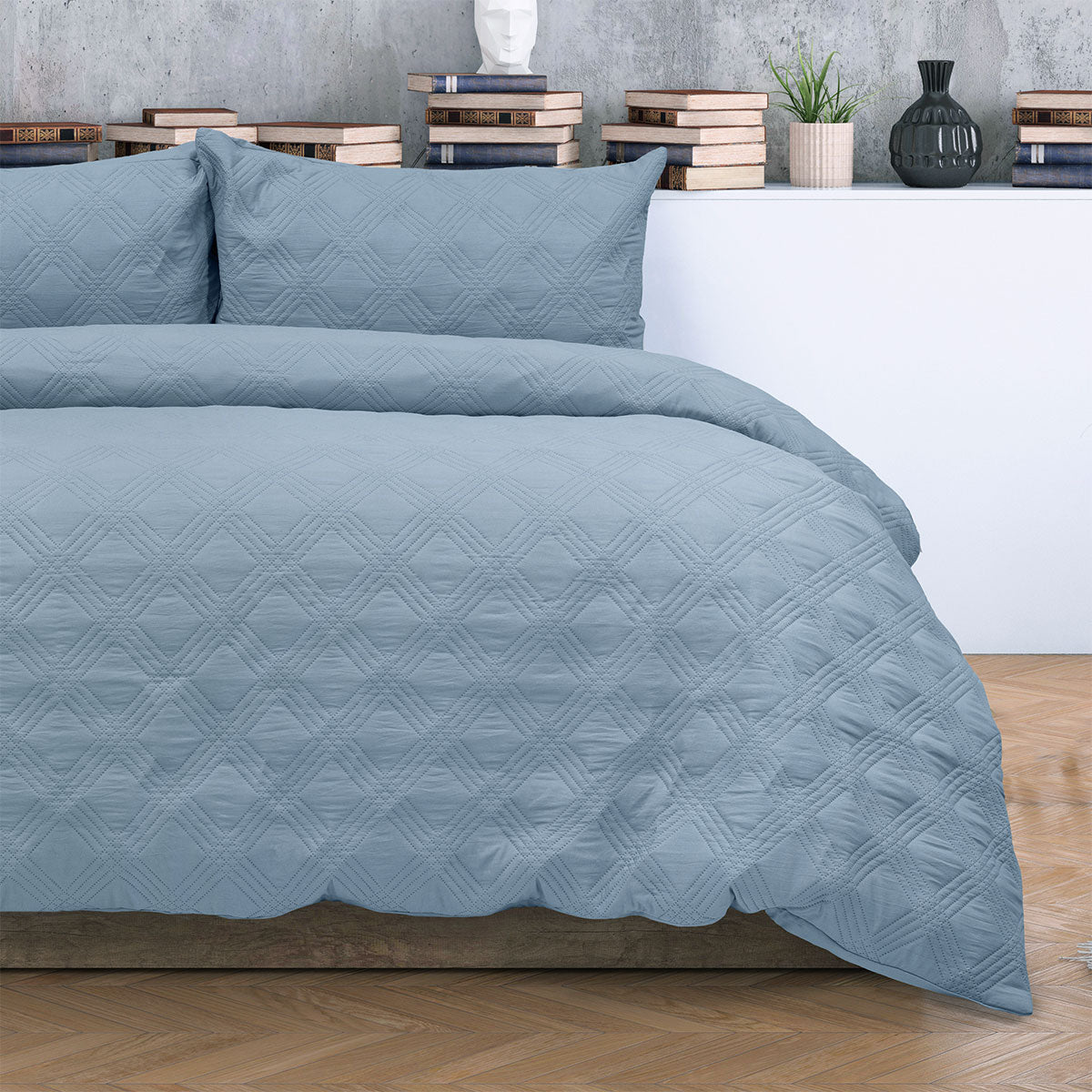 Ardor Carter Embossed Geometric Lightly Padded Quilt Cover Set – Mineral Blue, King