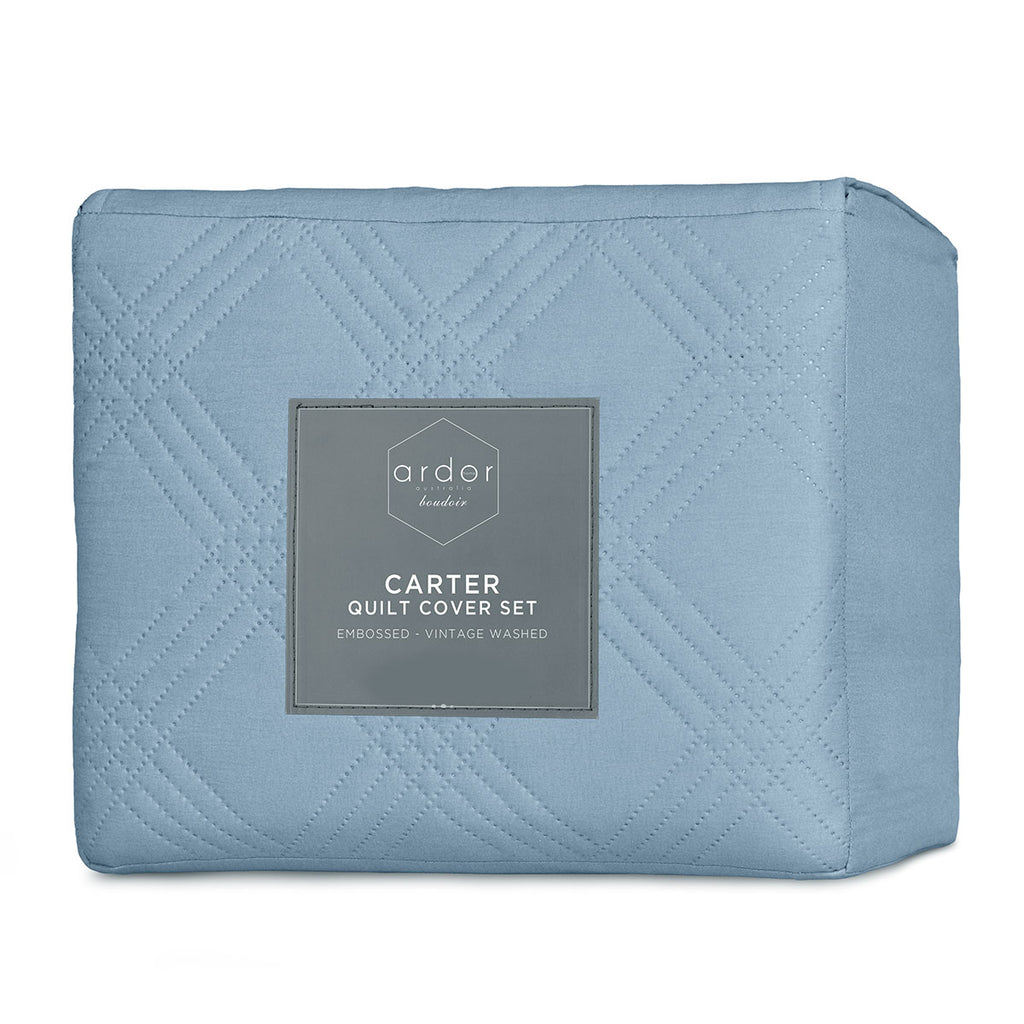 Ardor Carter Embossed Geometric Lightly Padded Quilt Cover Set – Mineral Blue, King