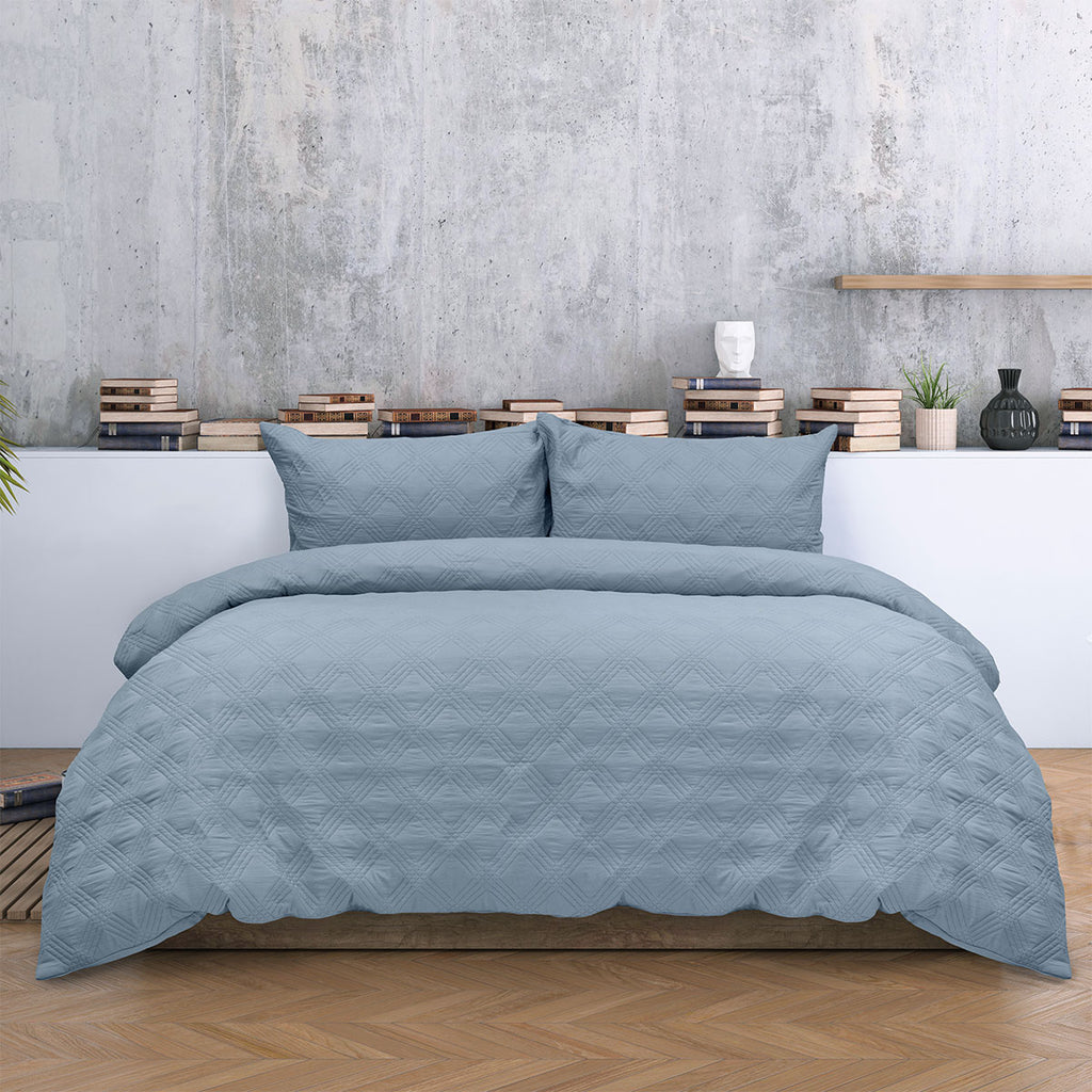 Ardor Carter Embossed Geometric Lightly Padded Quilt Cover Set – Mineral Blue, Queen