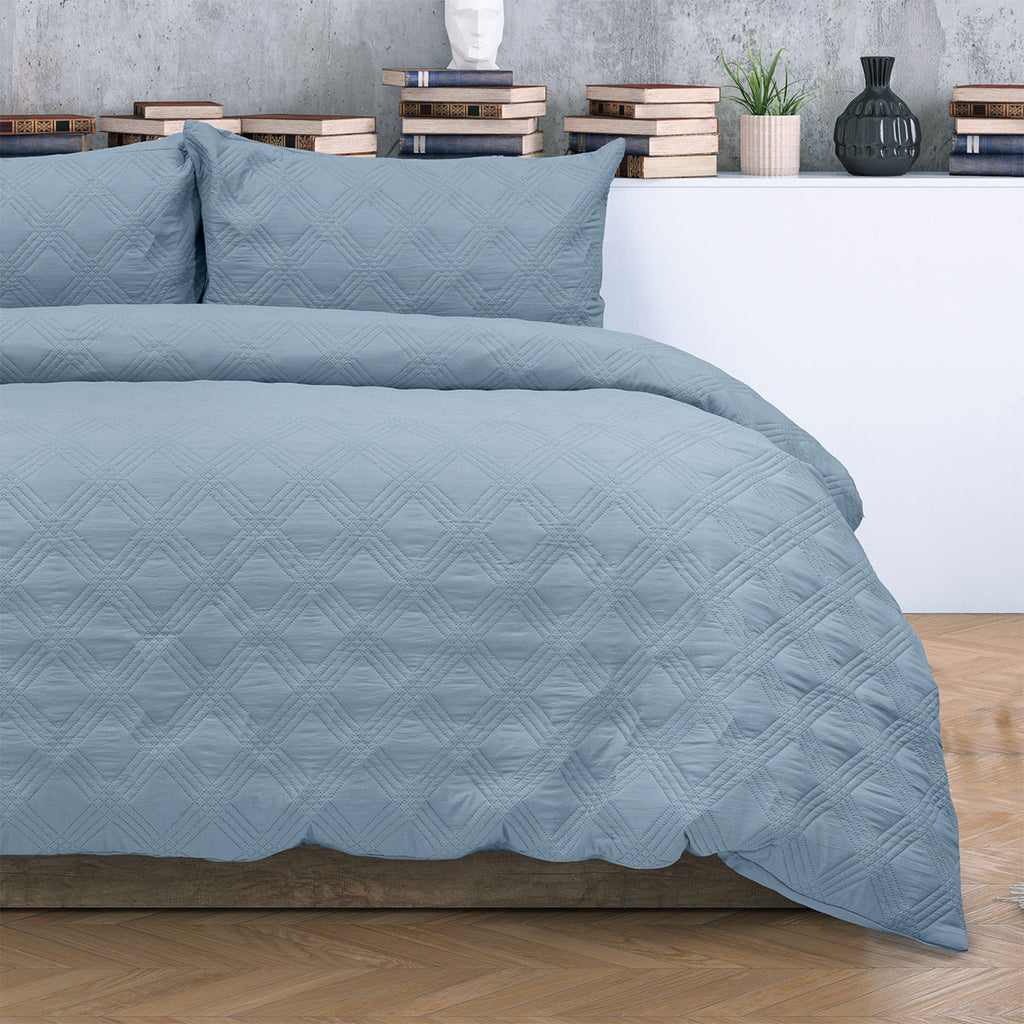 Ardor Carter Embossed Geometric Lightly Padded Quilt Cover Set – Mineral Blue, Queen