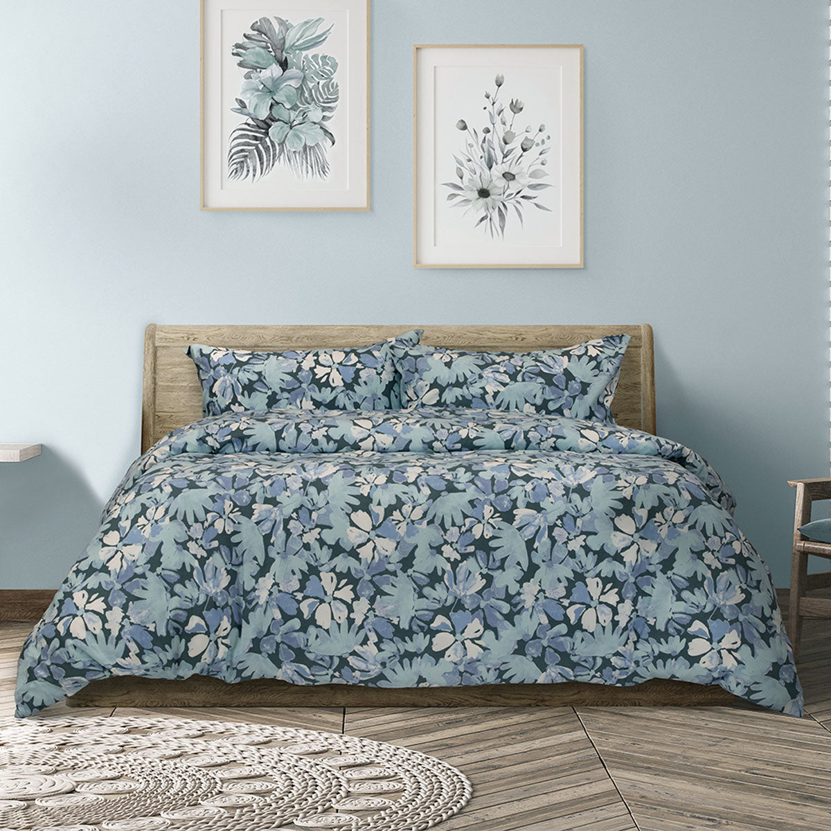 Ardor Eadie Layered Floral-Printed Quilt Cover Set – Teal, White and Blue, Queen