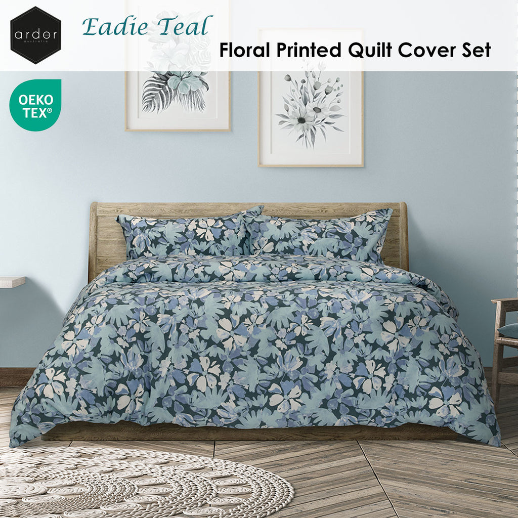 Ardor Eadie Layered Floral-Printed Quilt Cover Set – Teal, White and Blue, Queen