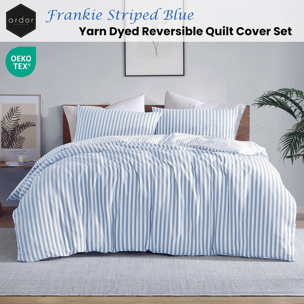Ardor Frankie Reversible Yarn-Dyed Stripe Quilt Cover Set – Blue and White, Queen