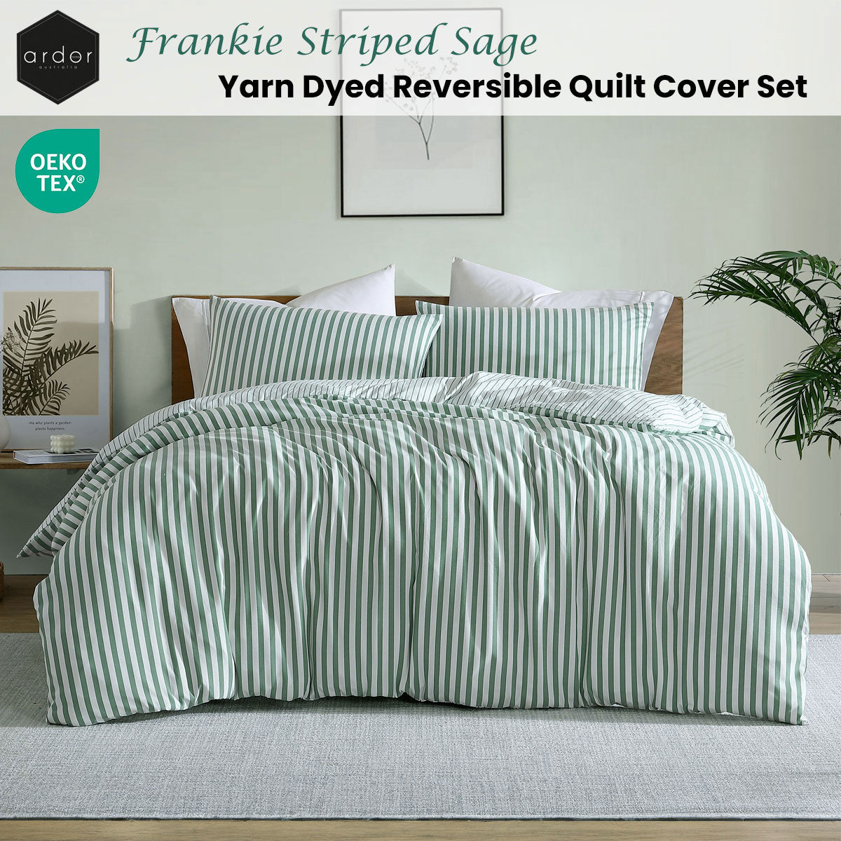 Ardor Frankie Reversible Yarn-Dyed Stripe Quilt Cover Set – Sage and White, Queen