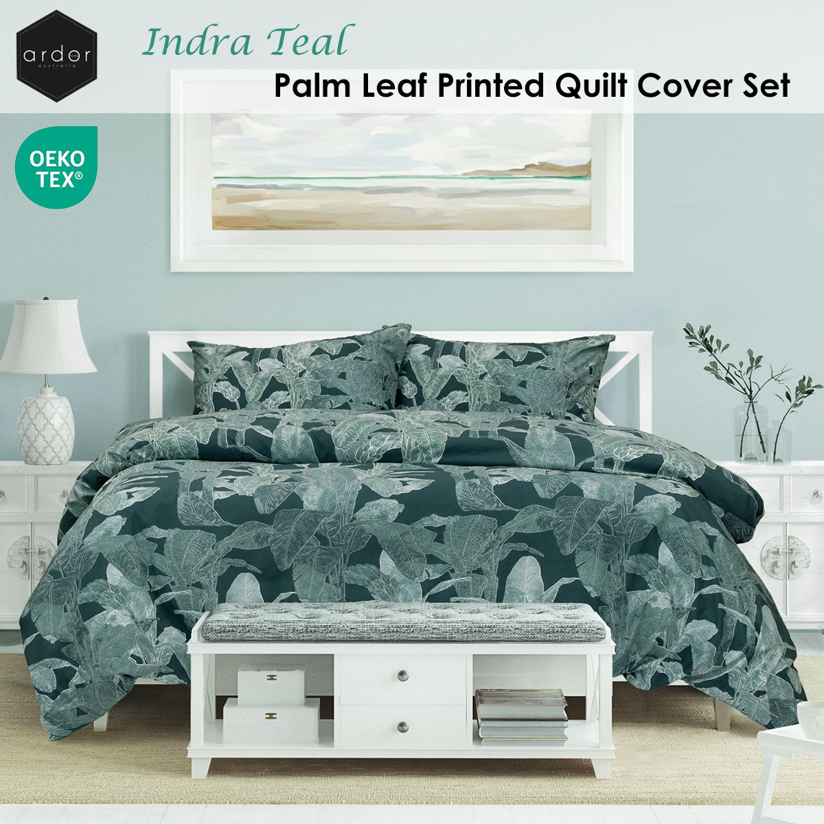 Ardor Indra Palm-Leaf Print Quilt Cover Set – Teal, Sage and White, Queen