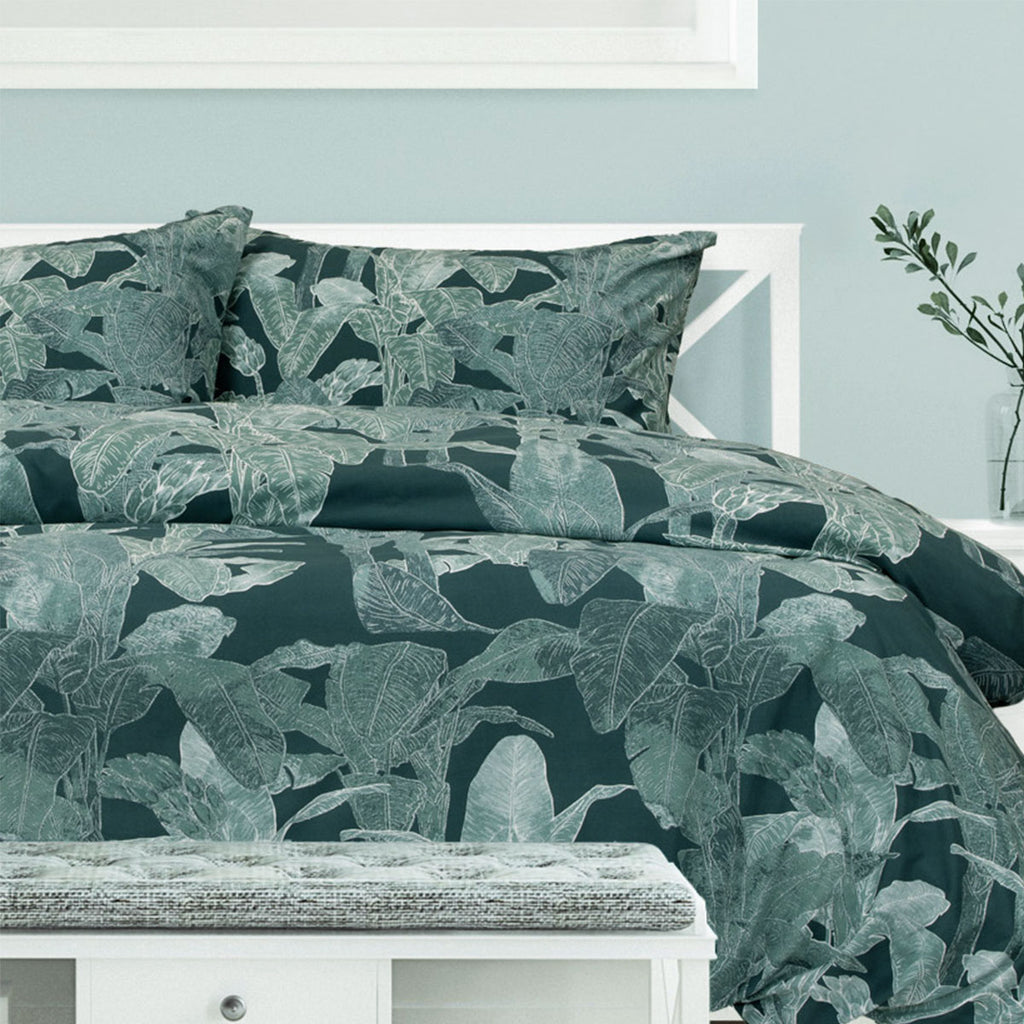 Ardor Indra Palm-Leaf Print Quilt Cover Set – Teal, Sage and White, Queen
