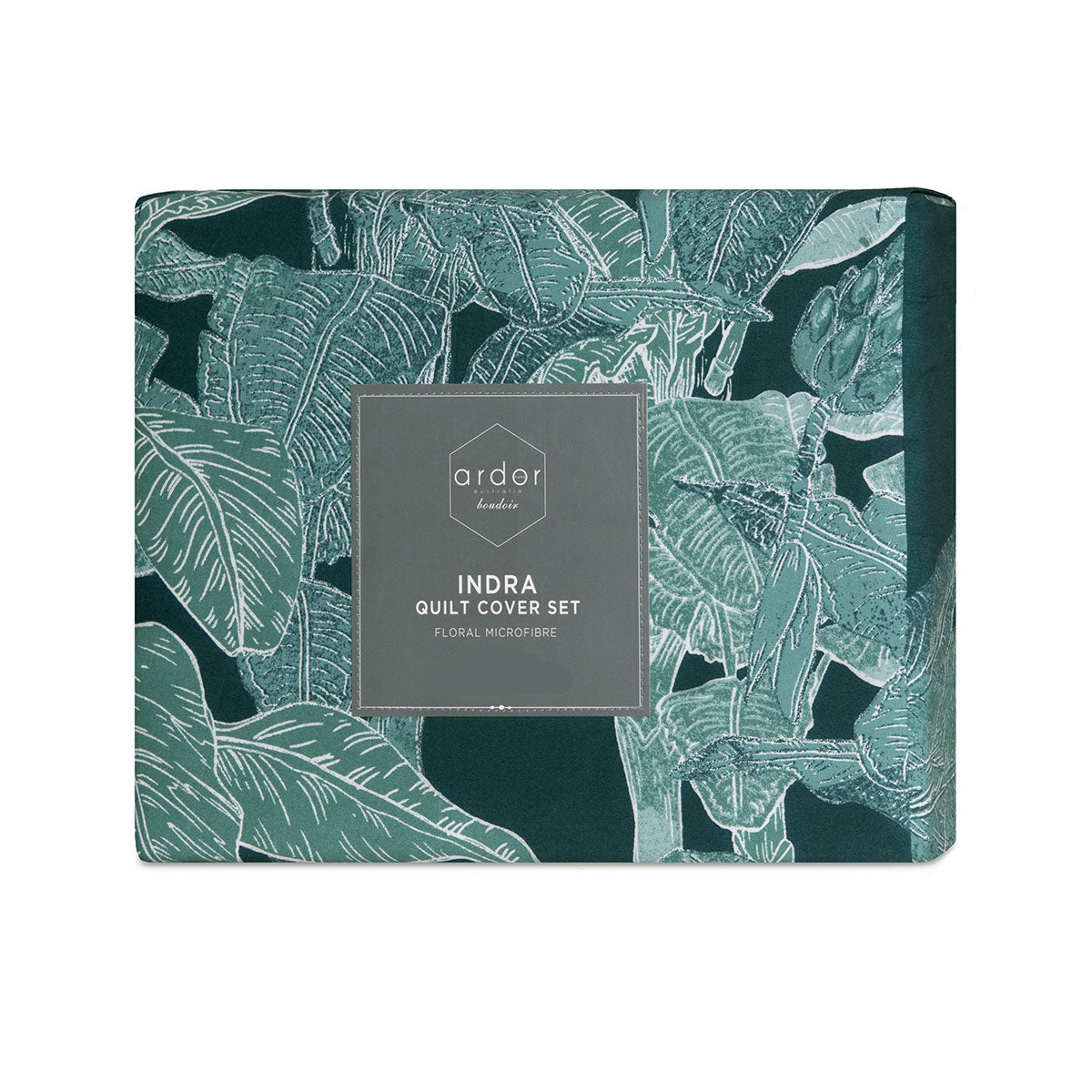 Ardor Indra Palm-Leaf Print Quilt Cover Set – Teal, Sage and White, Queen