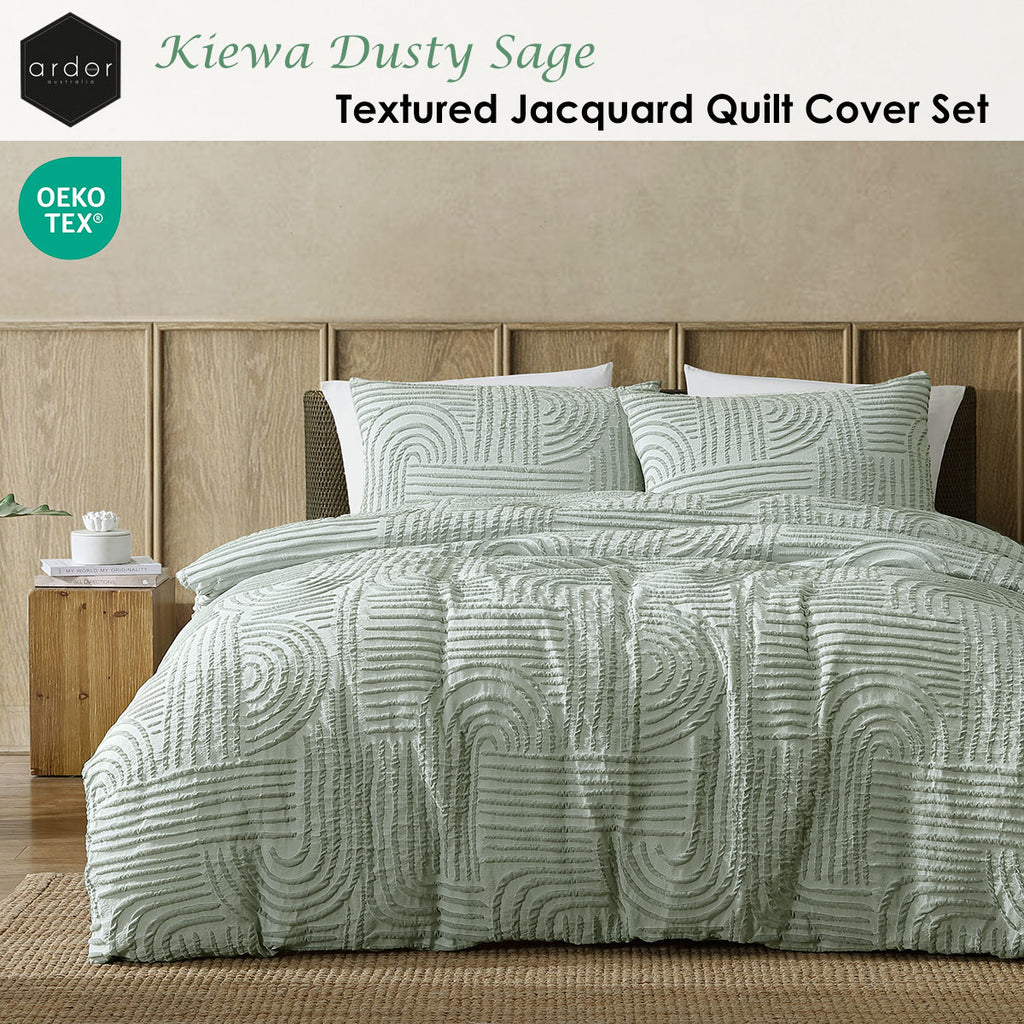 Ardor Kiewa Textured Aztec Jacquard Quilt Cover Set – Dusty Sage, Queen