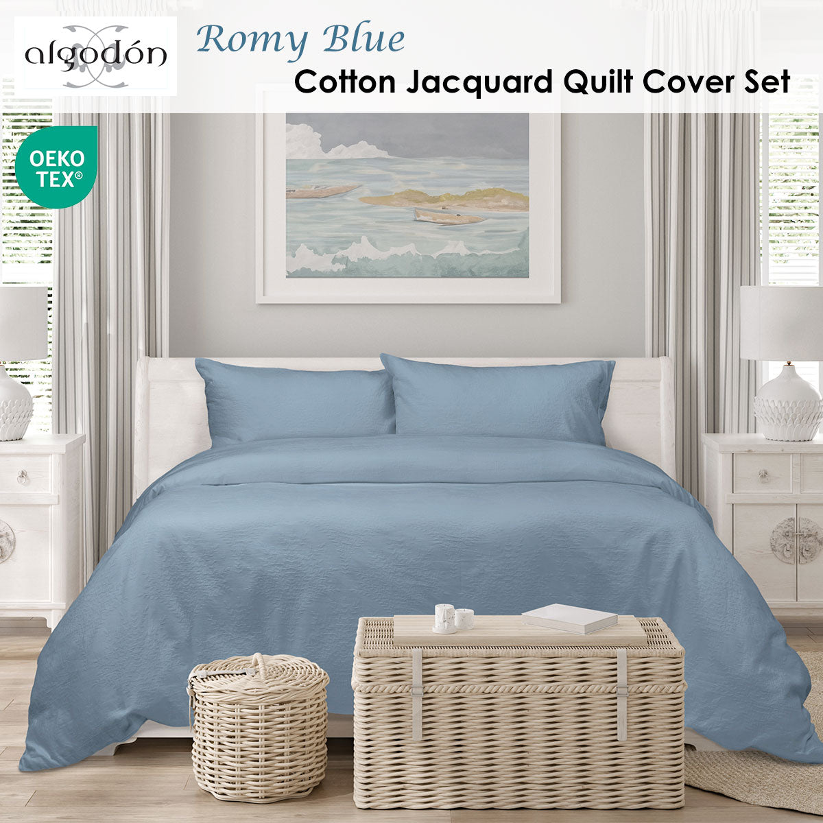 Algodon Romy Cotton Botanical Jacquard Quilt Cover Set – Blue, King