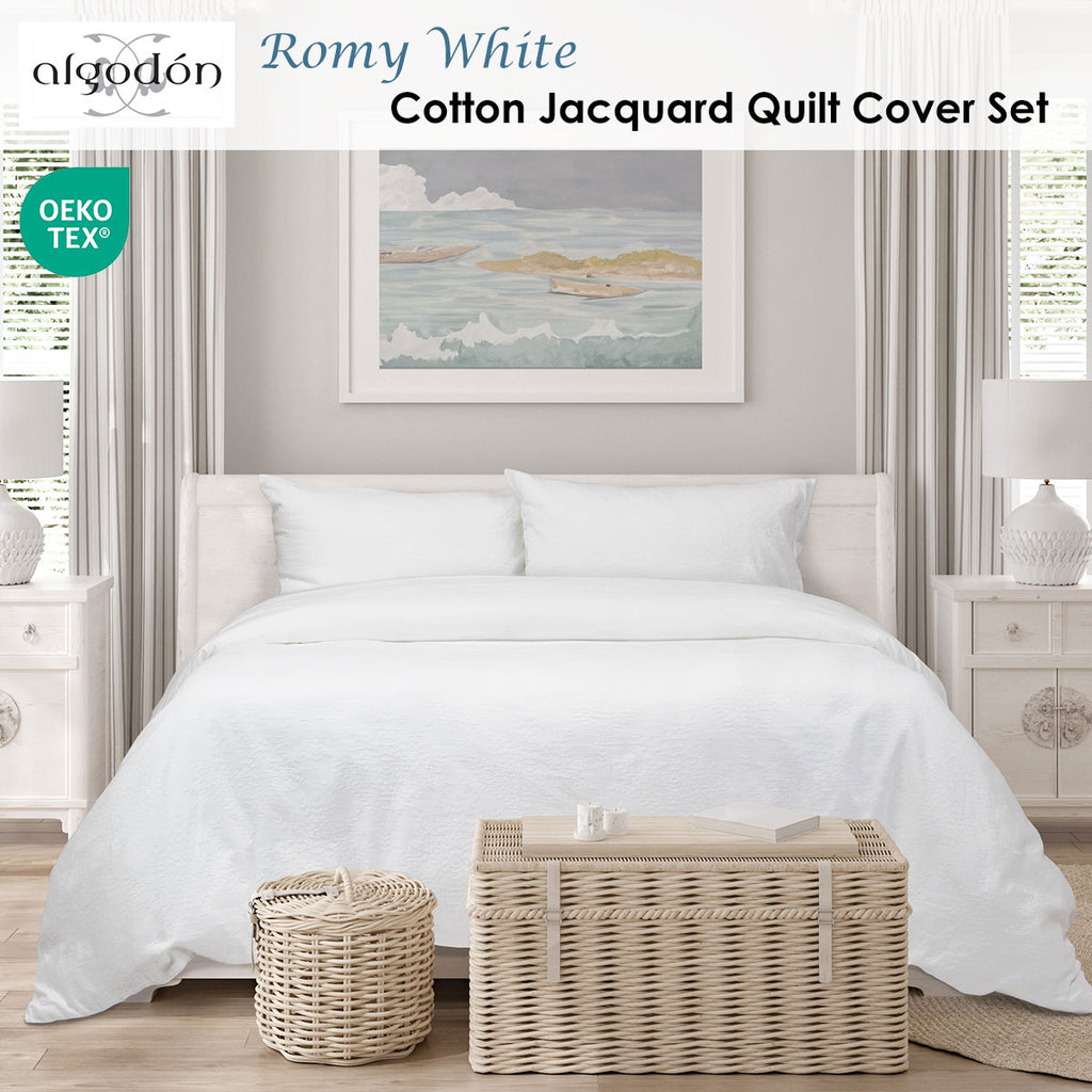 Algodon Romy Cotton Botanical Jacquard Quilt Cover Set – White, King