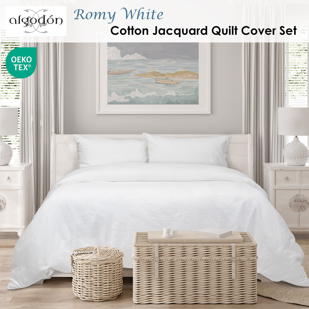 Algodon Romy Cotton Botanical Jacquard Quilt Cover Set – White, King