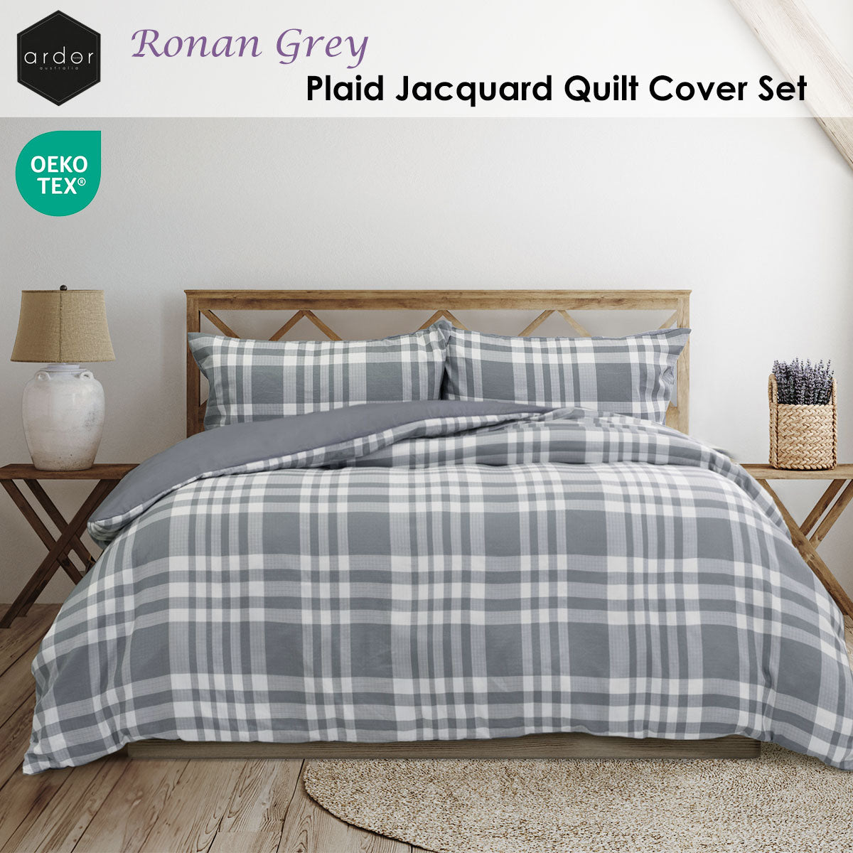 Ardor Ronan Plaid Jacquard Quilt Cover Set – Grey and White, Queen